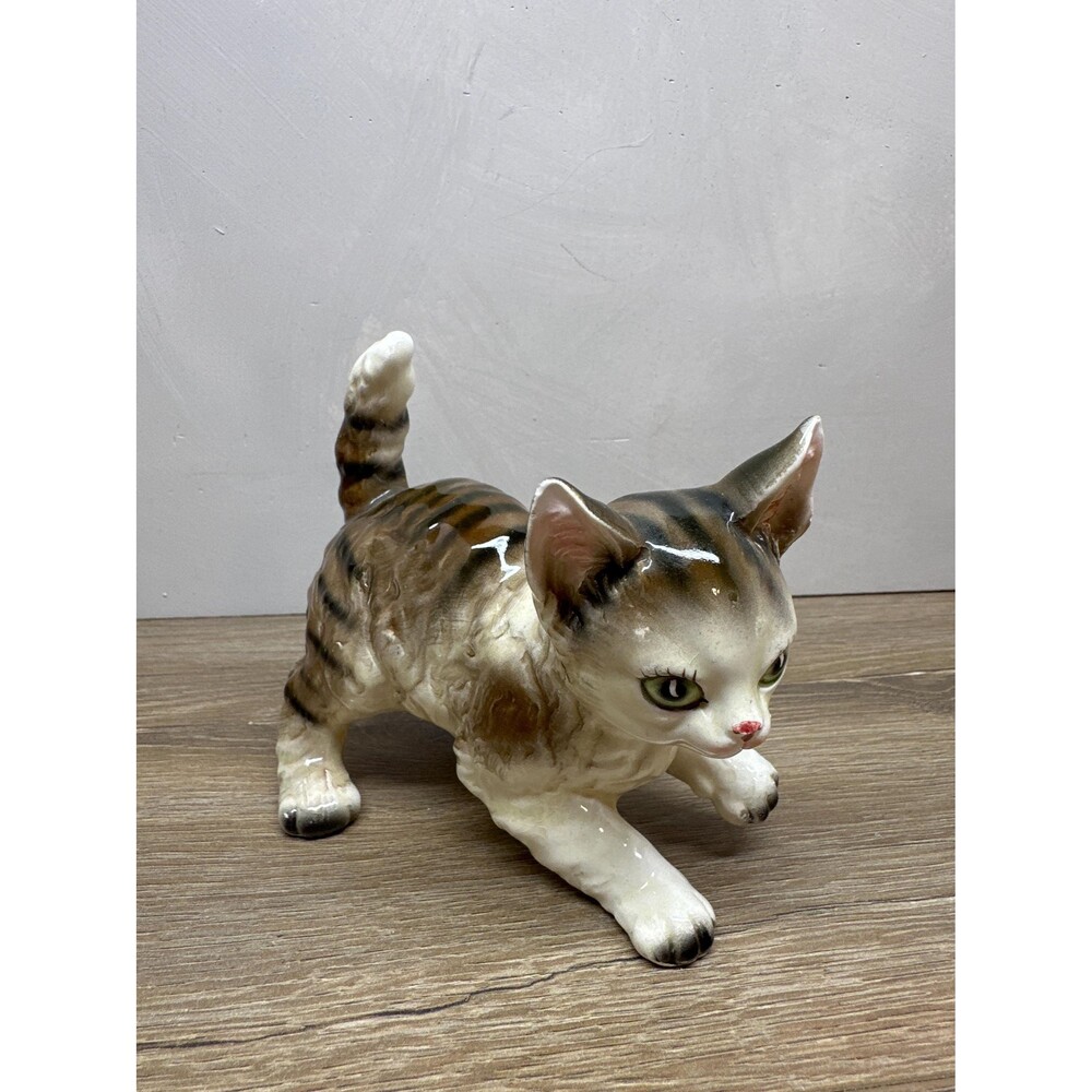 Vintage 1950s Porcelain Kitsch Playful Tabby Kitten Figurine, Made In Japan, 5"
